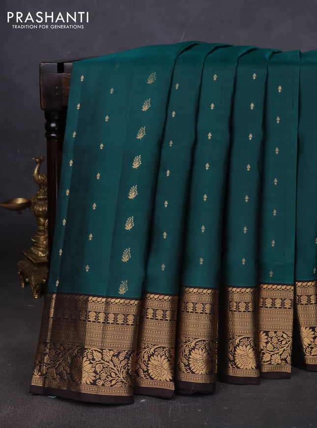 Pure soft silk saree peacock green and deep coffee brown with allover zari woven buttas and rich zari woven border