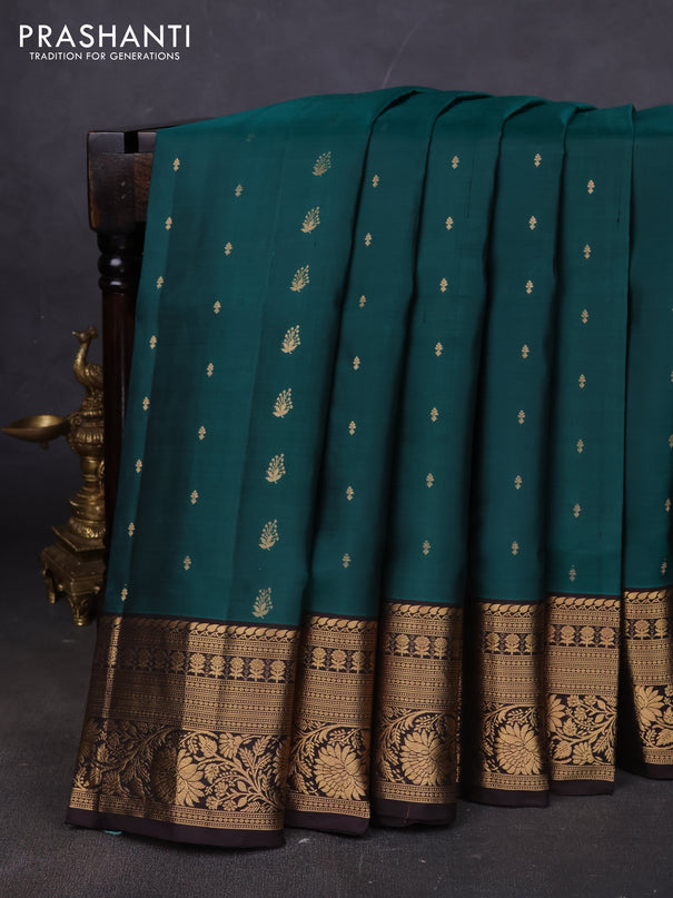 Pure soft silk saree peacock green and deep coffee brown with allover zari woven buttas and rich zari woven border