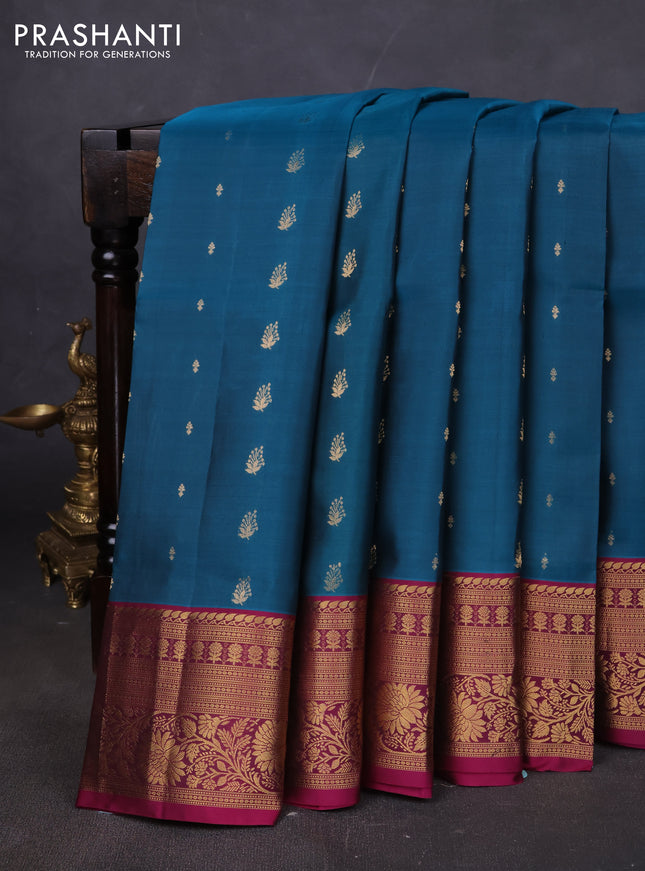 Pure soft silk saree peacock green and magenta pink with allover zari woven buttas and rich zari woven border