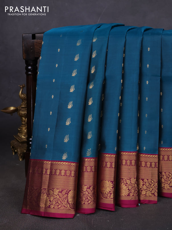 Pure soft silk saree peacock green and magenta pink with allover zari woven buttas and rich zari woven border