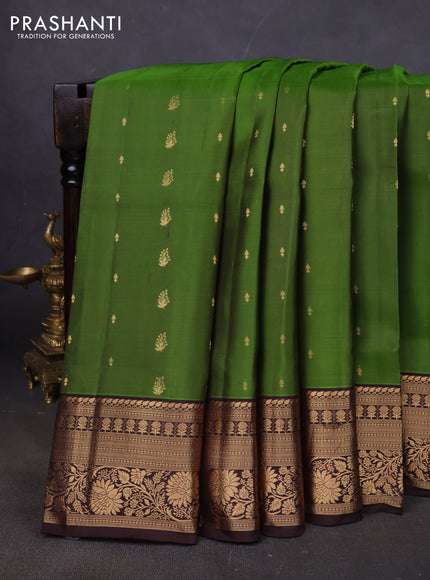 Pure soft silk saree green and coffee brown with allover zari woven buttas and rich zari woven border