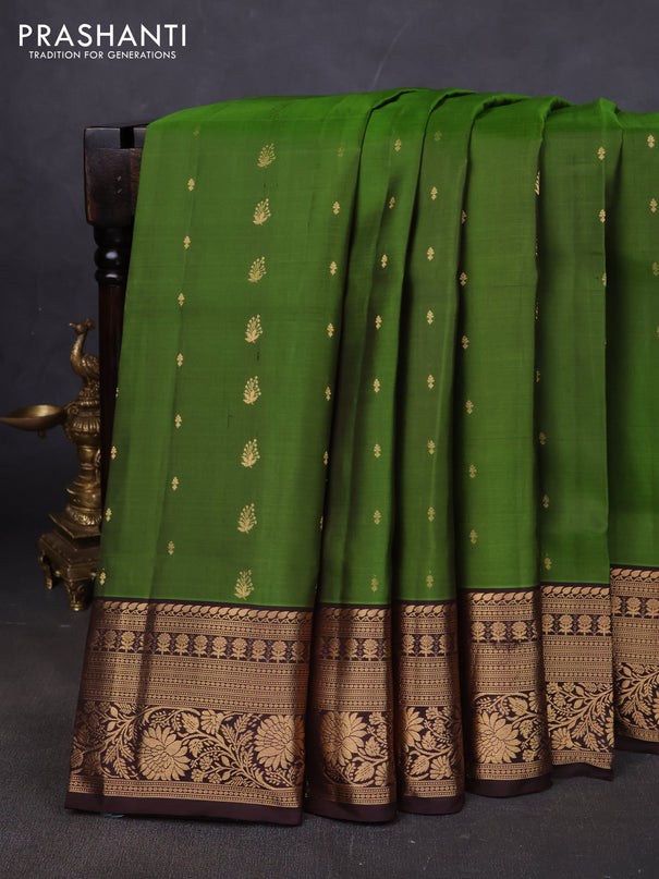 Pure soft silk saree green and coffee brown with allover zari woven buttas and rich zari woven border