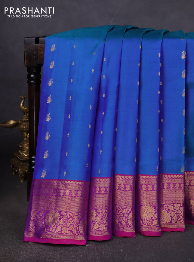 Pure soft silk saree dual shade of cs blue and magenta pink with allover zari woven buttas and rich zari woven border
