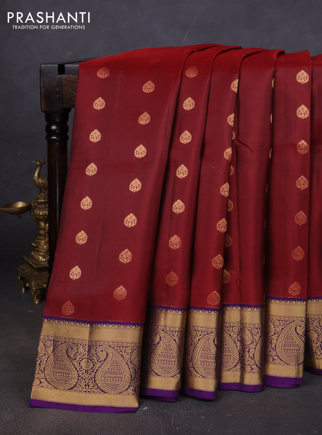 Pure soft silk saree maroon and violet with allover zari woven buttas and rich zari woven border
