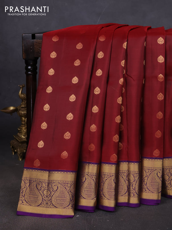 Pure soft silk saree maroon and violet with allover zari woven buttas and rich zari woven border