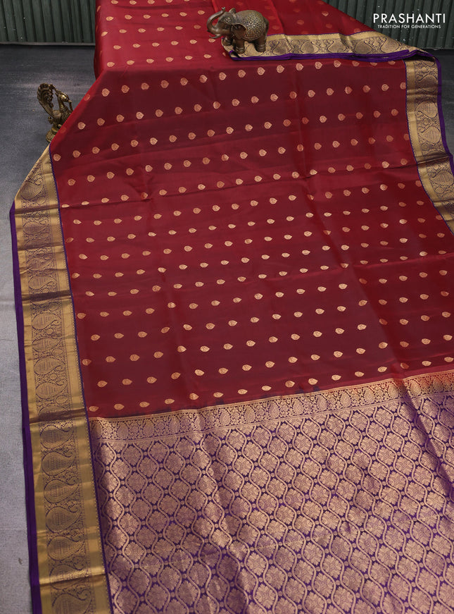 Pure soft silk saree maroon and violet with allover zari woven buttas and rich zari woven border