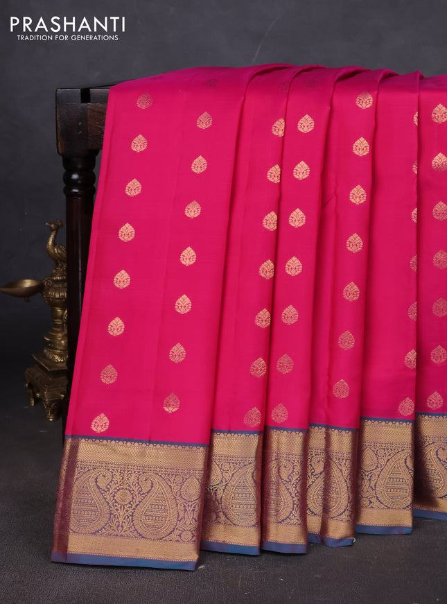 Pure soft silk saree pink and teal blue with allover zari woven buttas and rich zari woven border