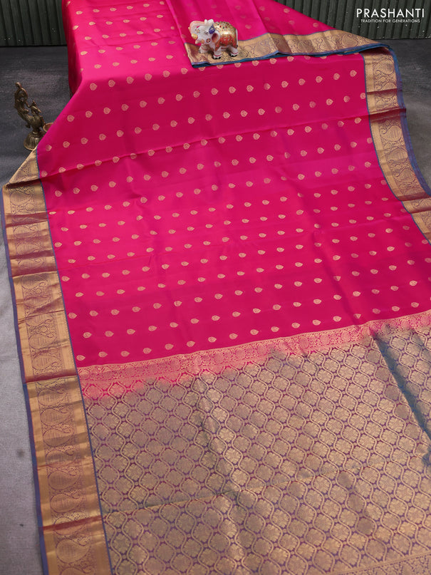 Pure soft silk saree pink and teal blue with allover zari woven buttas and rich zari woven border