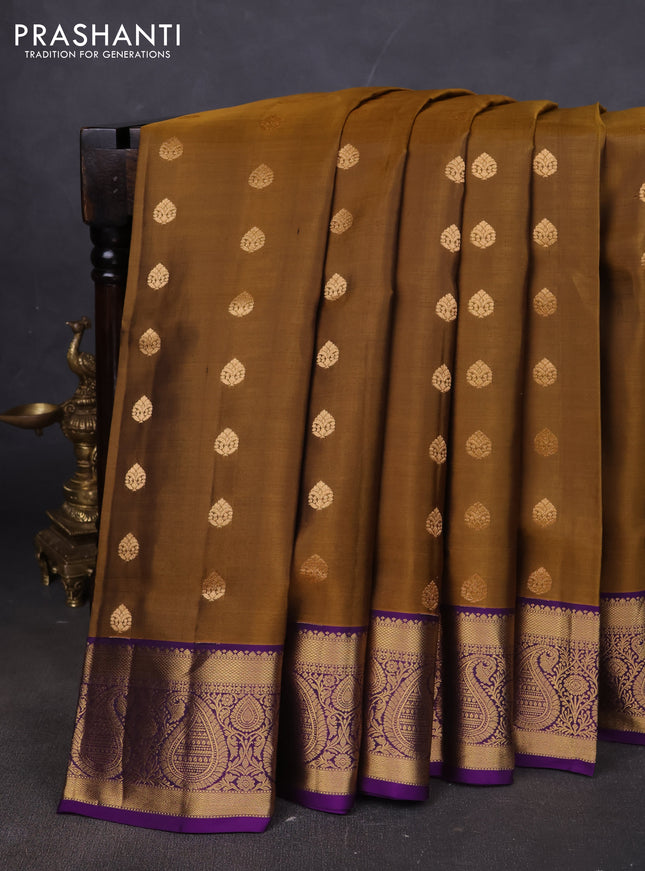 Pure soft silk saree mustard yellow and violet with allover zari woven buttas and rich zari woven border