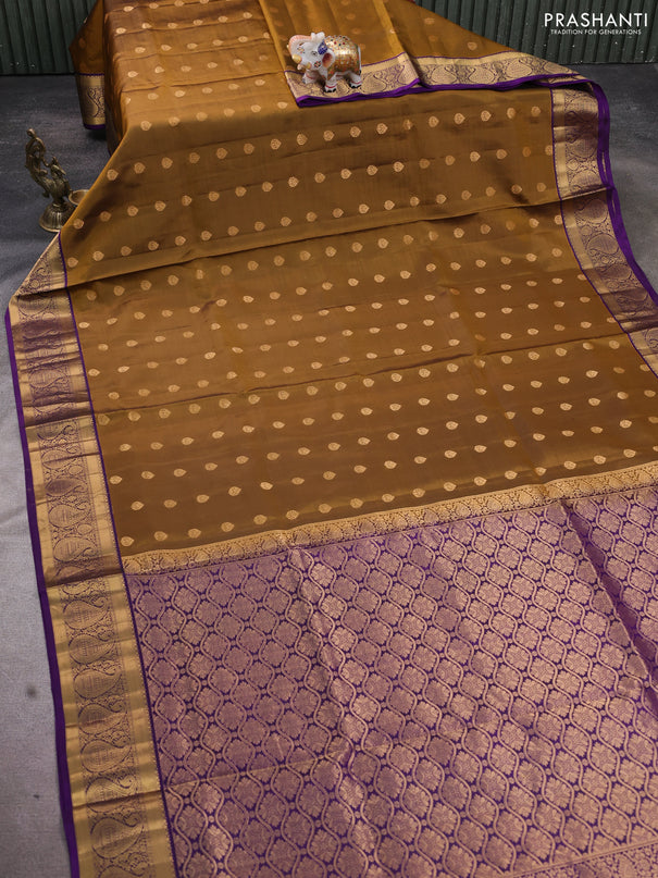 Pure soft silk saree mustard yellow and violet with allover zari woven buttas and rich zari woven border