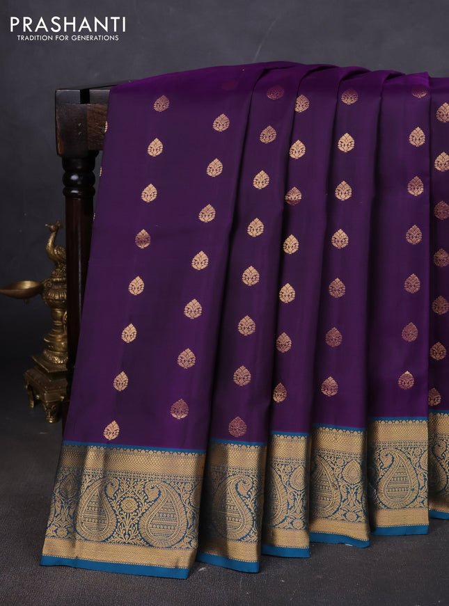 Pure soft silk saree violet and peacock blue with allover zari woven buttas and rich zari woven border