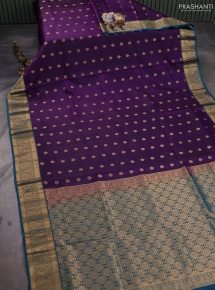 Pure soft silk saree violet and peacock blue with allover zari woven buttas and rich zari woven border