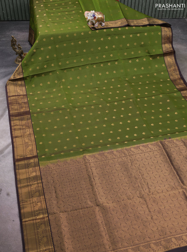 Pure soft silk saree green and coffee brown with allover zari woven buttas and rich zari woven border