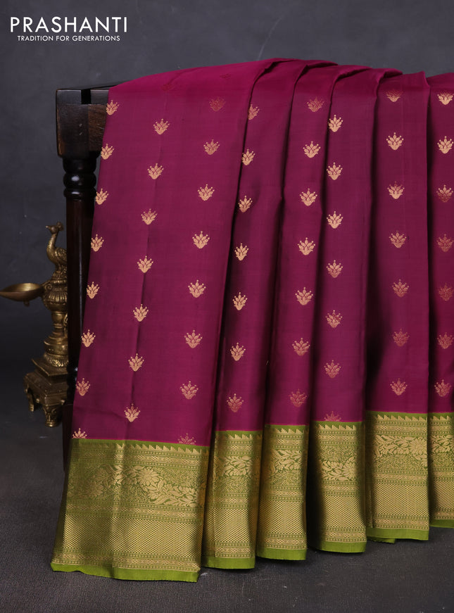 Pure soft silk saree magenta pink and green with allover zari woven buttas and rich zari woven border