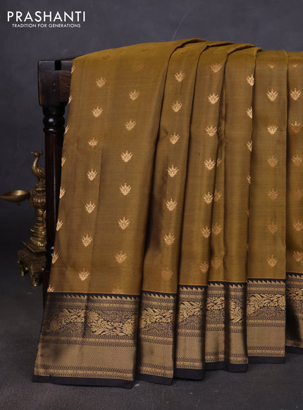 Pure soft silk saree mehendi green and black with allover zari woven buttas and rich zari woven border