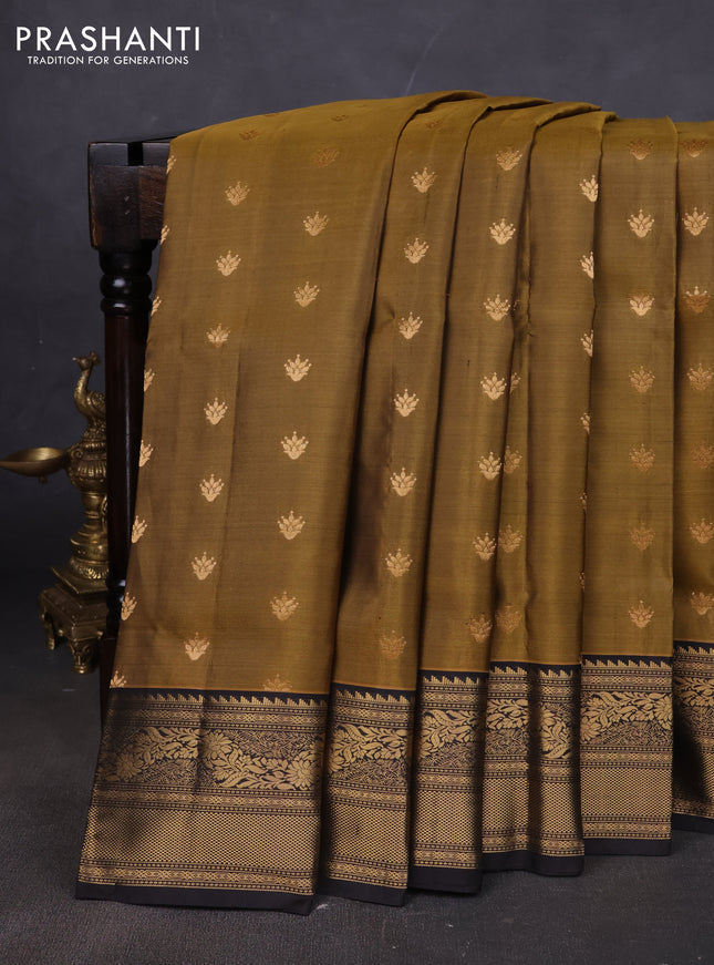 Pure soft silk saree mehendi green and black with allover zari woven buttas and rich zari woven border