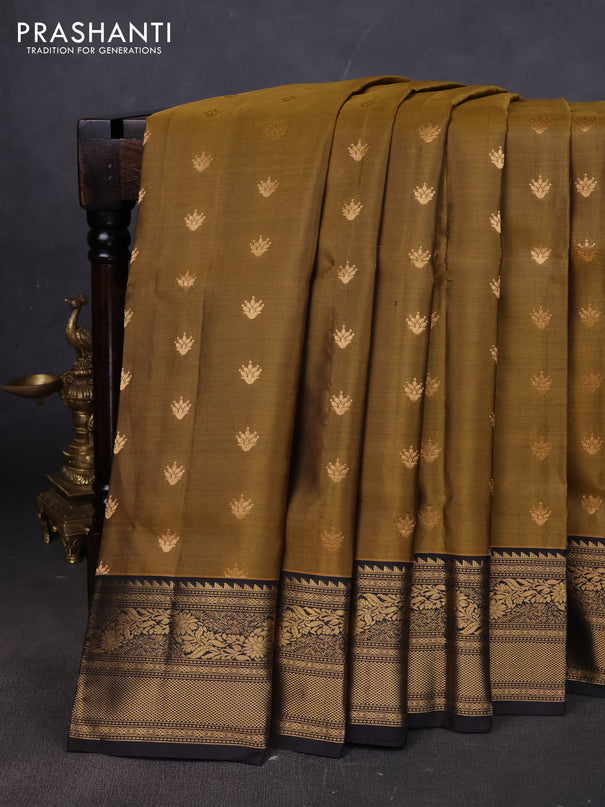 Pure soft silk saree mehendi green and black with allover zari woven buttas and rich zari woven border