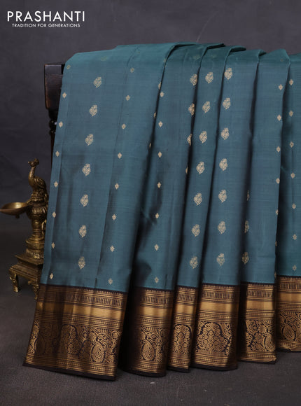 Pure soft silk saree pastel blue and coffee brown with allover zari woven buttas and rich zari woven border