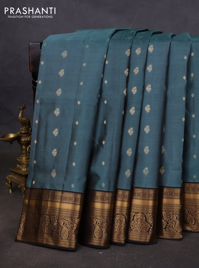 Pure soft silk saree pastel blue and coffee brown with allover zari woven buttas and rich zari woven border