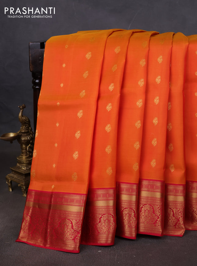 Pure soft silk saree sunset orange and pink with allover zari woven buttas and rich zari woven border