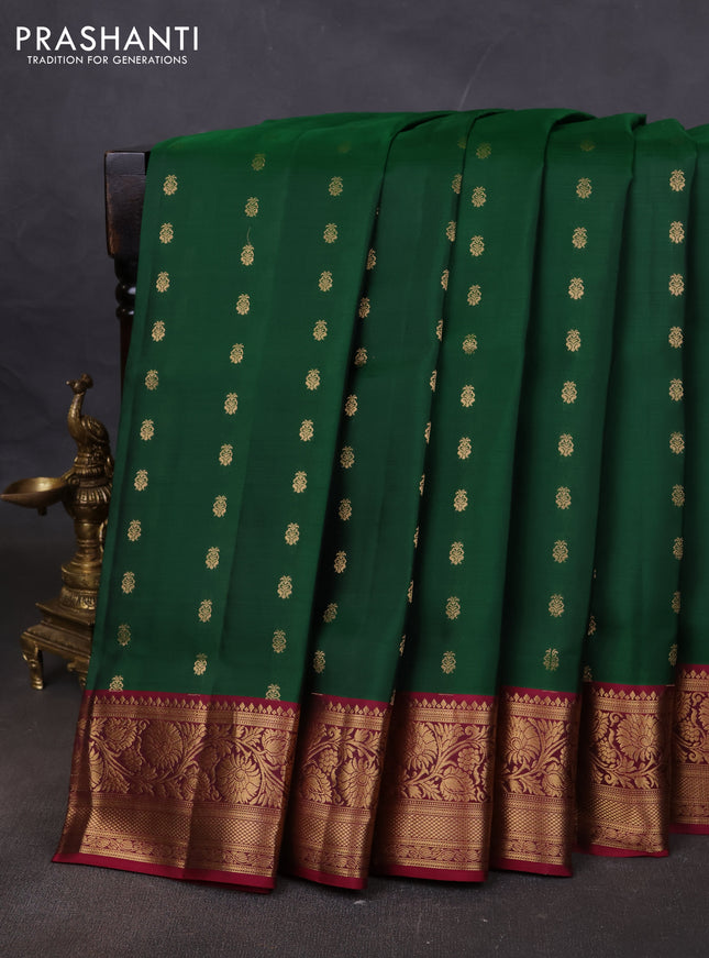 Pure soft silk saree green and maroon with allover zari woven buttas and floral zari woven border