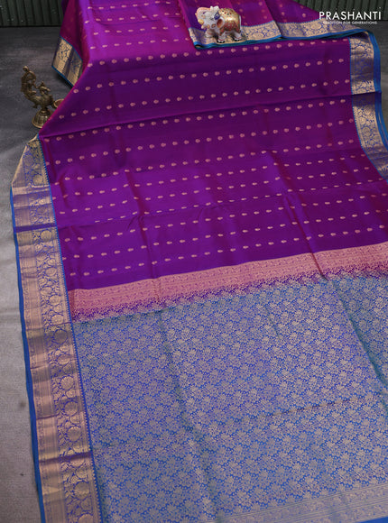 Pure soft silk saree purple and cs blue with allover zari woven buttas and rich zari woven border