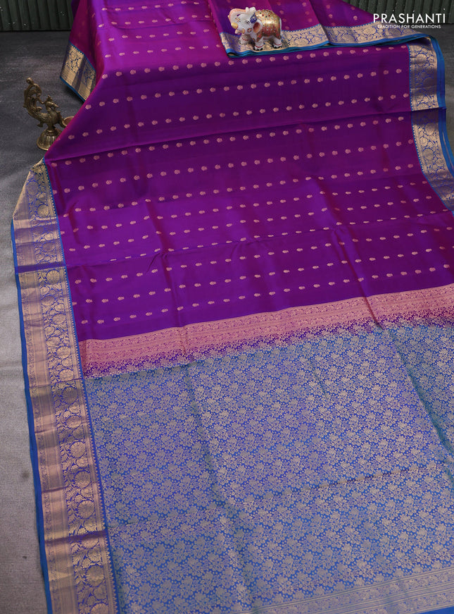 Pure soft silk saree purple and cs blue with allover zari woven buttas and rich zari woven border