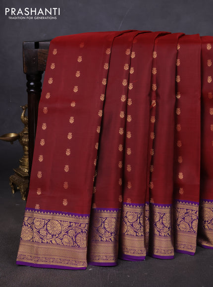 Pure soft silk saree maroon and violet with allover zari woven buttas and rich zari woven border