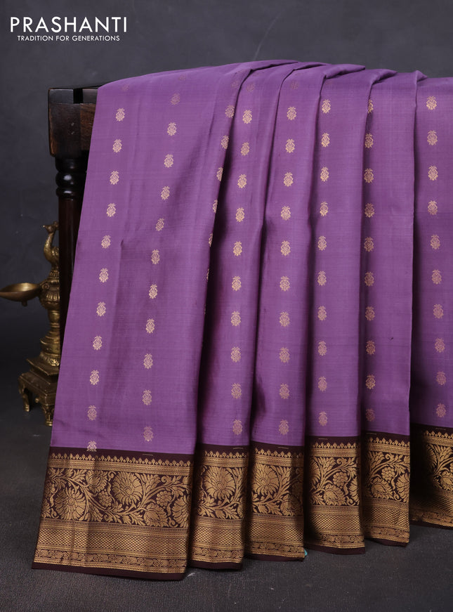 Pure soft silk saree lavender and coffee brown with allover zari woven buttas and rich zari woven border