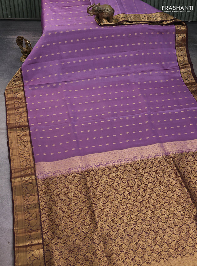 Pure soft silk saree lavender and coffee brown with allover zari woven buttas and rich zari woven border