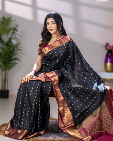 Pure soft silk saree black and dark magenta pink with allover zari woven buttas and rich zari woven border