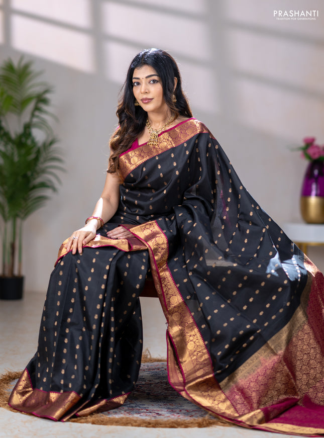 Pure soft silk saree black and dark magenta pink with allover zari woven buttas and rich zari woven border