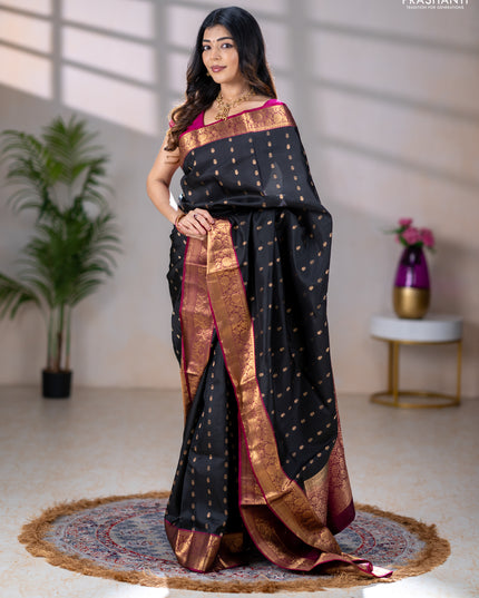 Pure soft silk saree black and dark magenta pink with allover zari woven buttas and rich zari woven border