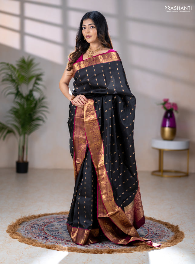 Pure soft silk saree black and dark magenta pink with allover zari woven buttas and rich zari woven border