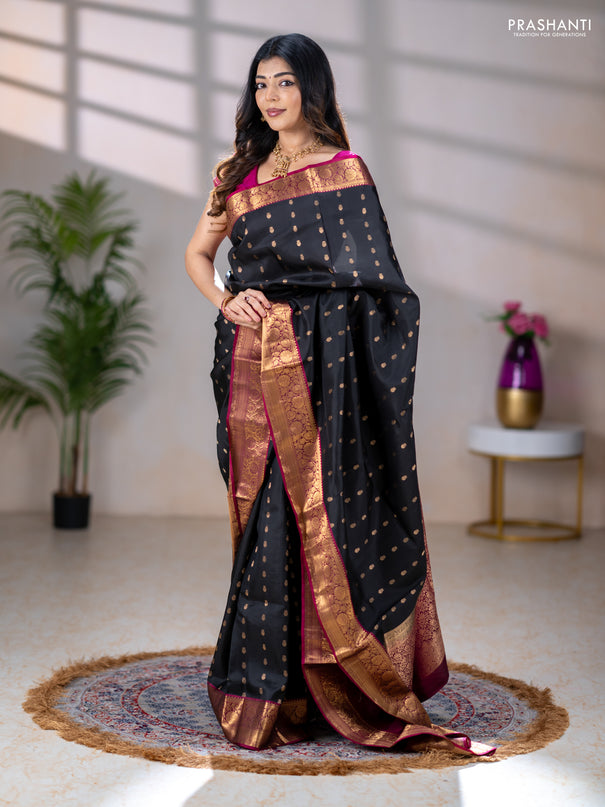 Pure soft silk saree black and dark magenta pink with allover zari woven buttas and rich zari woven border