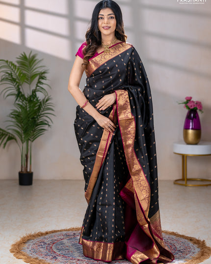 Pure soft silk saree black and dark magenta pink with allover zari woven buttas and rich zari woven border