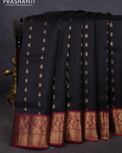 Pure soft silk saree black and dark magenta pink with allover zari woven buttas and rich zari woven border