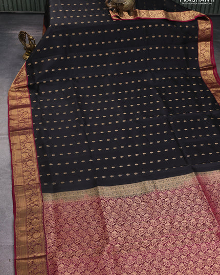 Pure soft silk saree black and dark magenta pink with allover zari woven buttas and rich zari woven border