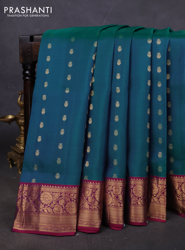 Pure soft silk saree dual shade of bluish green and purple with allover zari woven buttas and rich zari woven border