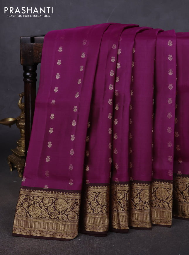 Pure soft silk saree magenta pink and coffee brown with allover zari woven buttas and rich zari woven border