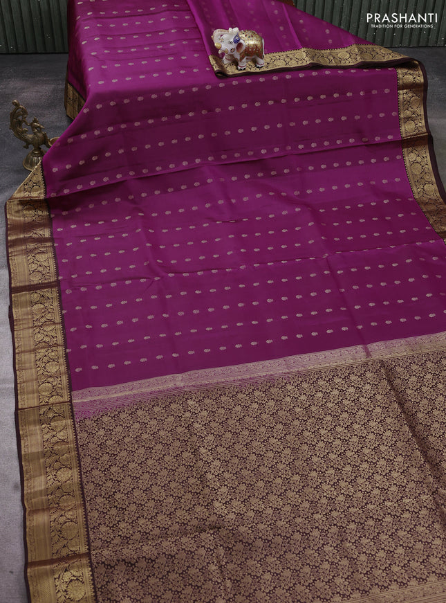 Pure soft silk saree magenta pink and coffee brown with allover zari woven buttas and rich zari woven border