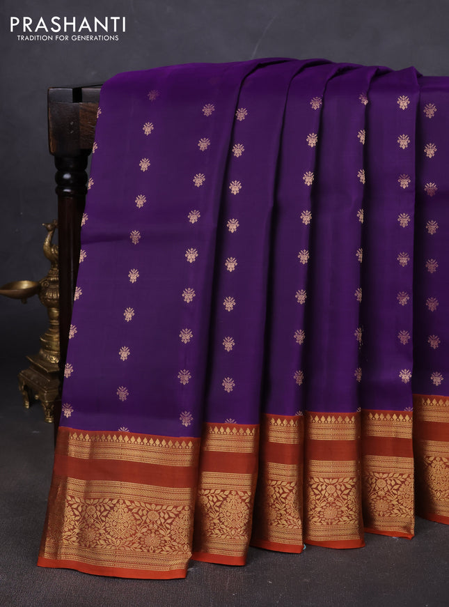 Pure soft silk saree violet and rustic orange with allover zari woven buttas and zari woven border