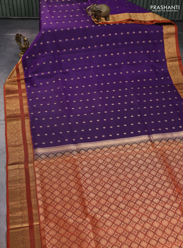 Pure soft silk saree violet and rustic orange with allover zari woven buttas and zari woven border