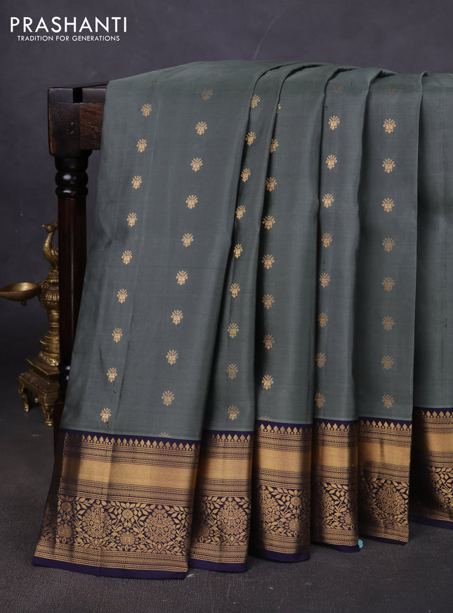 Pure soft silk saree grey shade and navy blue with allover zari woven buttas and zari woven border