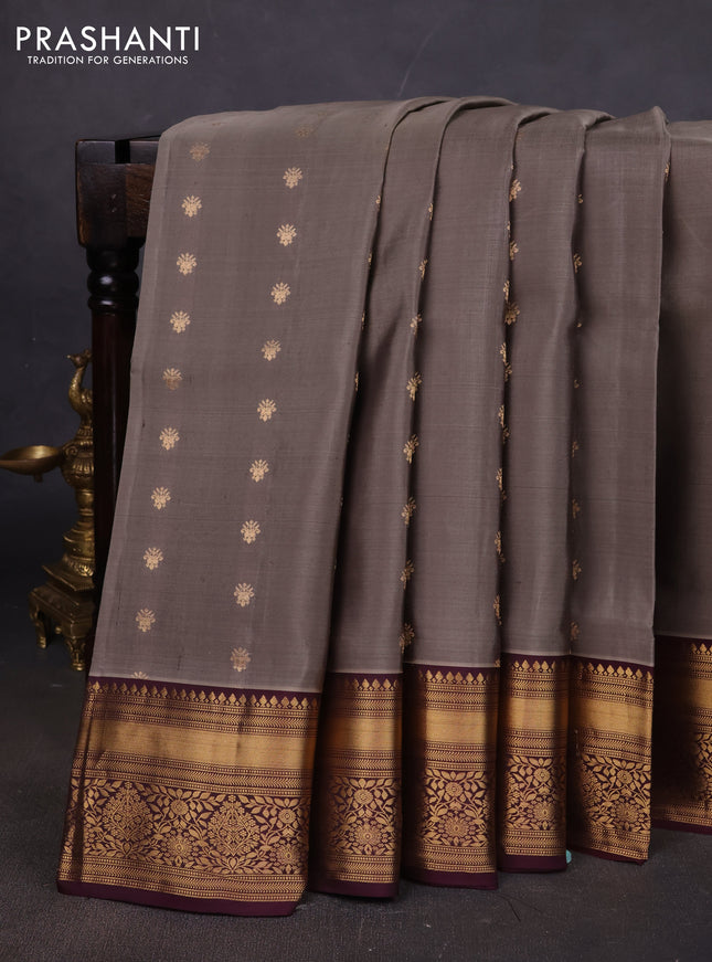Pure soft silk saree grey shade and wine shade with allover zari woven buttas and floral zari woven border