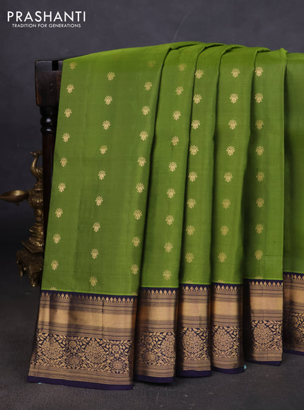 Pure soft silk saree mehendi green and navy blue with allover zari woven buttas and floral zari woven border