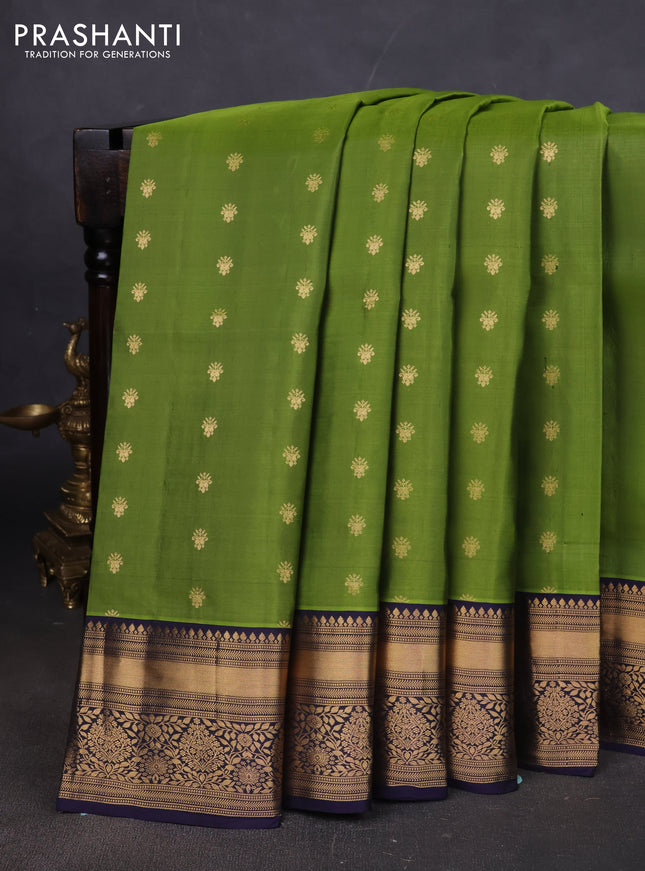 Pure soft silk saree mehendi green and navy blue with allover zari woven buttas and floral zari woven border