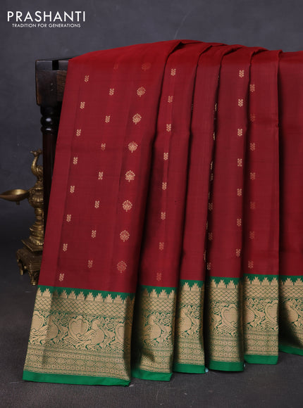 Pure soft silk saree maroon and green with allover zari woven buttas and annam zari woven border