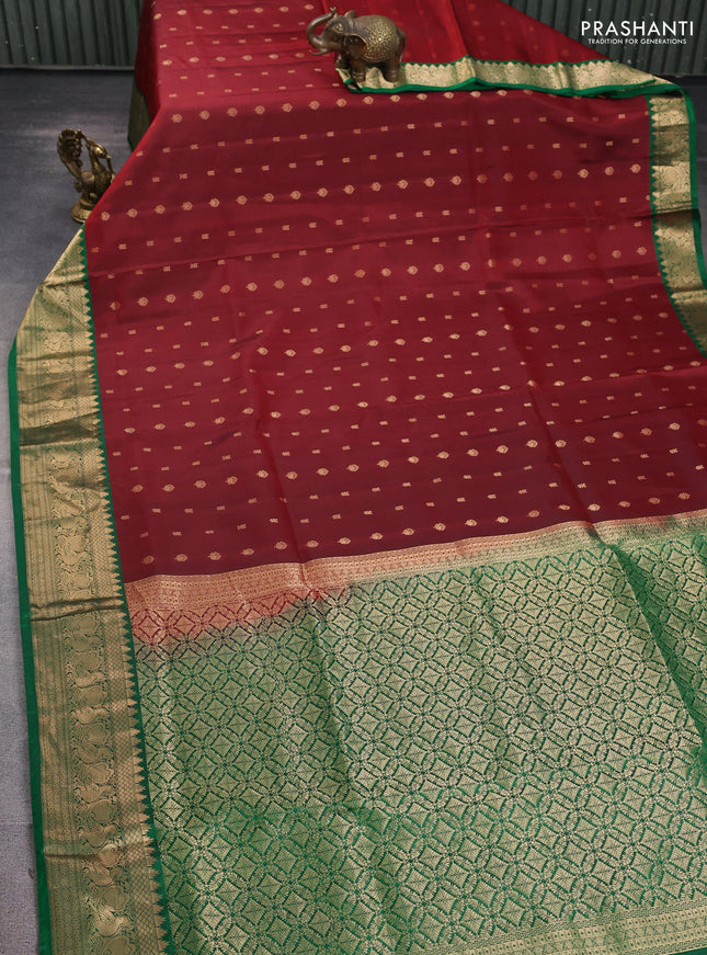 Pure soft silk saree maroon and green with allover zari woven buttas and annam zari woven border