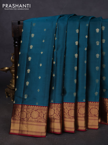 Pure soft silk saree peacock green and maroon with zari woven buttas and zari woven border